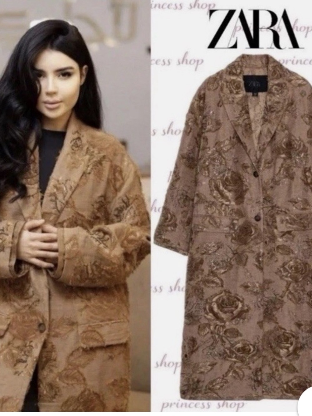 ZARA Floral Embroidered Trench Coat in Brown